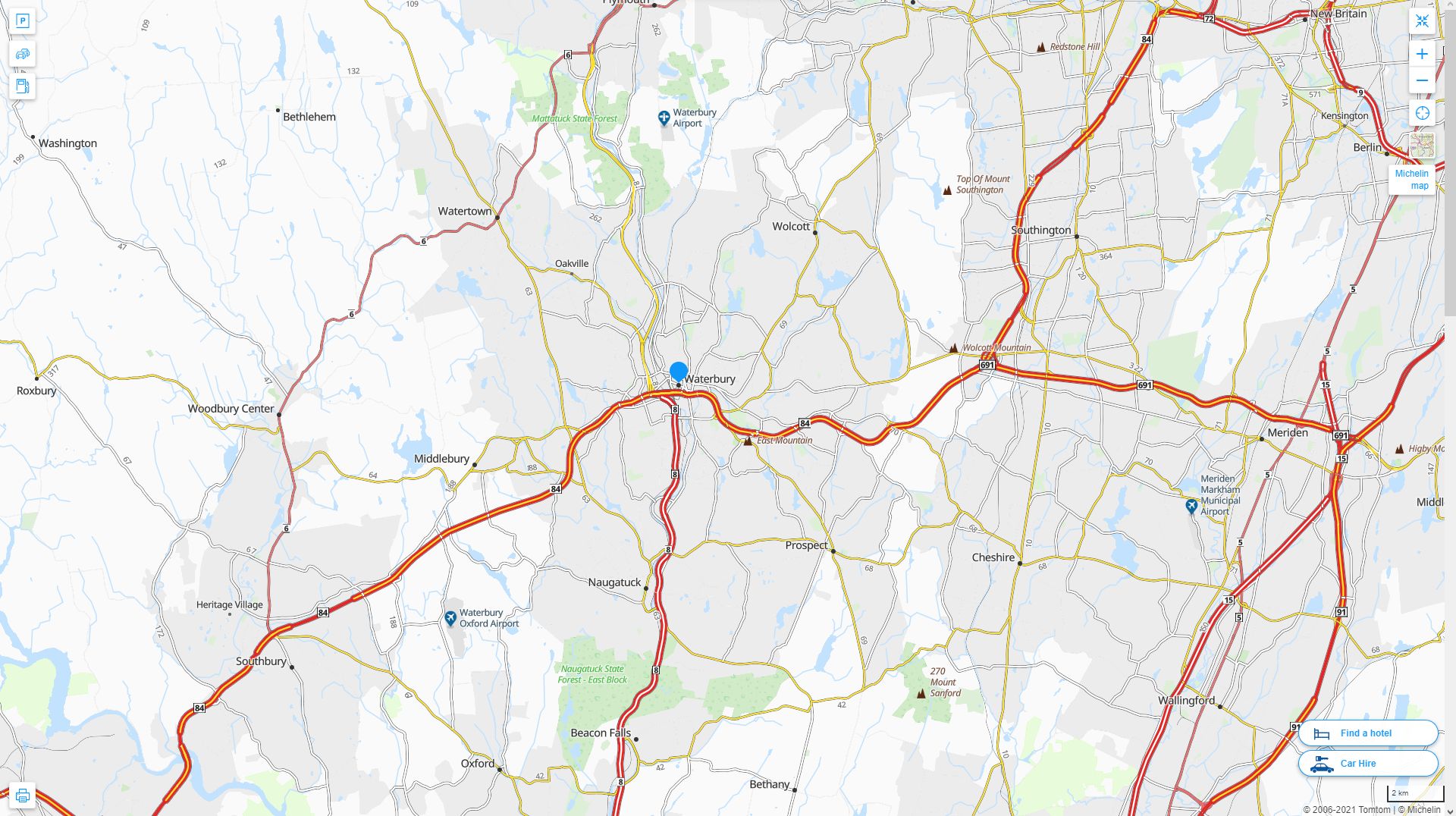 Waterbury Connecticut Highway and Road Map